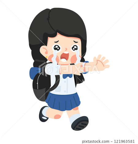 child running and crying in a school uniform 121963581