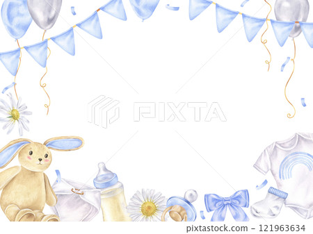 Pastel watercolor card for a baby boy, featuring a charming garland and bunny toy. The hand drawn rectangular border and blank copyspace make it perfect for a baby shower or newborn announcement Pastel watercolor card for a baby boy, featuring a charming garland and bunny toy. The hand drawn rectangular border and blank copyspace make it perfect for a baby shower or newborn announcement 121963634