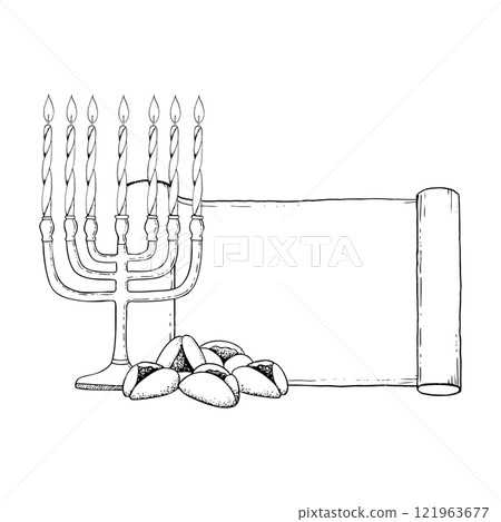 Jewish Torah scroll with menorah candlestick and Purim traditional cookies simple ink vector illustration for holiday coloring. Greeting banner template for Israel carnival celebration 121963677