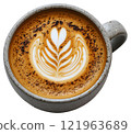 Latte art coffee drink in light white mug. A latte with beautiful latte on white background. Creamy coffee with heart art design in white mug. 121963689