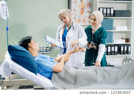 Doctors and nurses in hijabs offering care to a patient in a hospital ward, showcasing teamwork, professionalism Doctors and nurses in hijabs offering care to a patient in a hospital ward, showcasing teamwork, professionalism 121963697