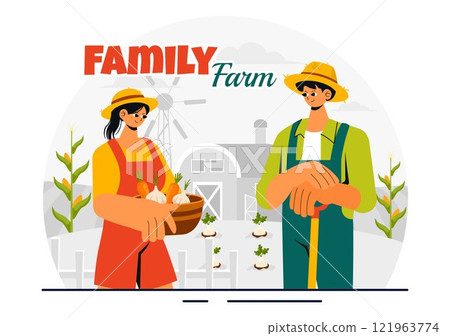Family Farm Vector Illustration Featuring a Mother and Father Working on a Farm in a Rural Countryside Landscape with a Flat Style Cartoon Background 121963774