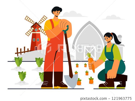 Family Farm Vector Illustration Featuring a Mother and Father Working on a Farm in a Rural Countryside Landscape with a Flat Style Cartoon Background 121963775