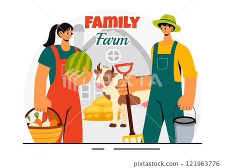Family Farm Vector Illustration Featuring a Mother and Father Working on a Farm in a Rural Countryside Landscape with a Flat Style Cartoon Background Family Farm Vector Illustration Featuring a Mother and Father Working on a Farm in a Rural Countryside Landscape with a Flat Style Cartoon Background 121963776