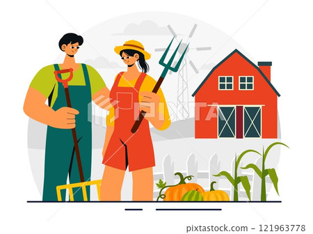 Family Farm Vector Illustration Featuring a Mother and Father Working on a Farm in a Rural Countryside Landscape with a Flat Style Cartoon Background 121963778