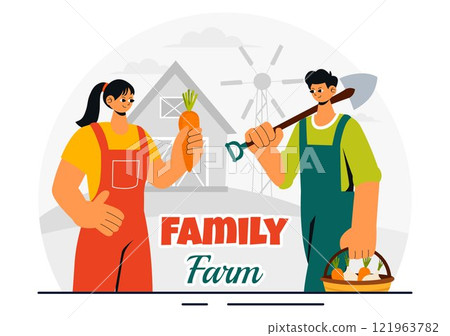 Family Farm Vector Illustration Featuring a Mother and Father Working on a Farm in a Rural Countryside Landscape with a Flat Style Cartoon Background 121963782