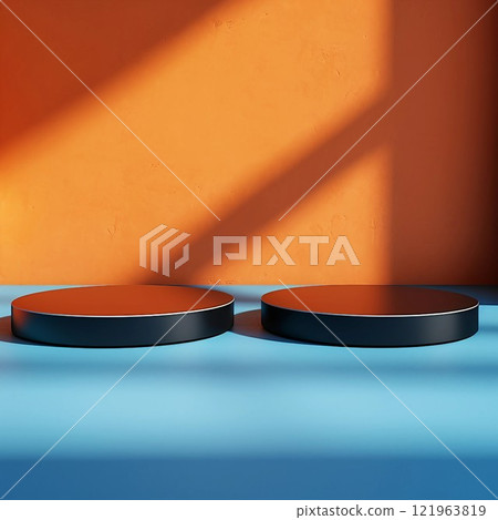Abstract square banner with two black round exhibition stands and a cerulean blue floor on an orange background. AI generated image 121963819