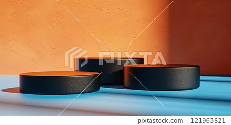 Abstract horizontal banner with three black round exhibition stands and a cerulean blue floor on an orange background. AI generated image 121963821