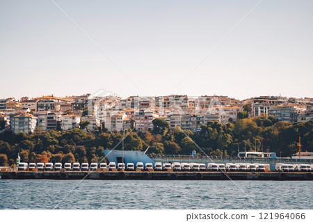 Car transportation via istanbul. automobile customs point on the shore of the bosphorus in turkey Car transportation via istanbul. automobile customs point on the shore of the bosphorus in turkey 121964066