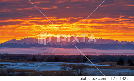 AI 生成的圖像真實地描繪了日出和日出，將雄偉的雪山照亮成紅色。 121964291