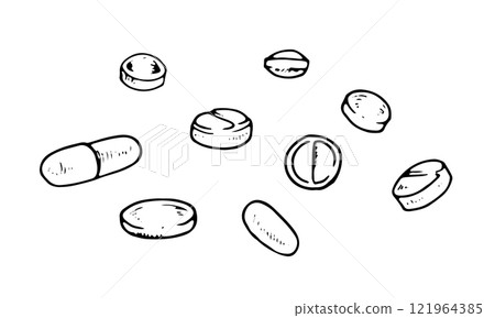 Vector illustration of pills, capsules, and tablets. Hand drawn black and white style. Detailed line art ideal for medical, pharmaceutical, or healthcare design concepts Vector illustration of pills, capsules, and tablets. Hand drawn black and white style. Detailed line art ideal for medical, pharmaceutical, or healthcare design concepts 121964385