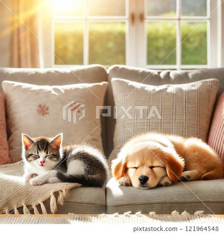 Kitten and puppy taking a nap 121964548