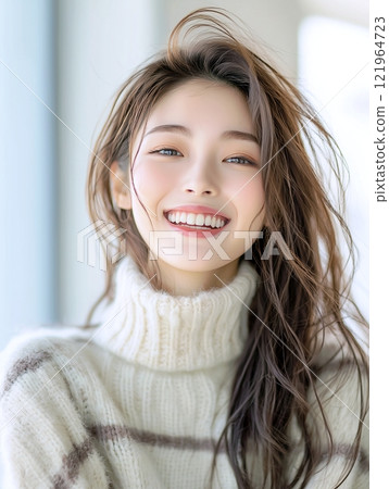 AI-generated image of a beautiful woman wearing a knitted sweater 121964723