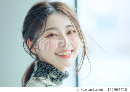 AI-generated image of a beautiful woman wearing a knitted sweater 121964726