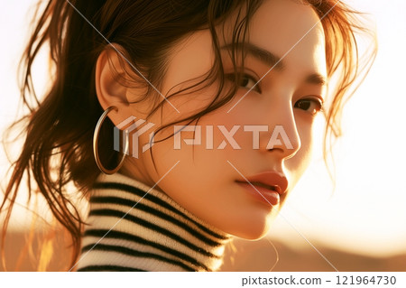 AI-generated image of a beautiful woman wearing a knitted sweater 121964730