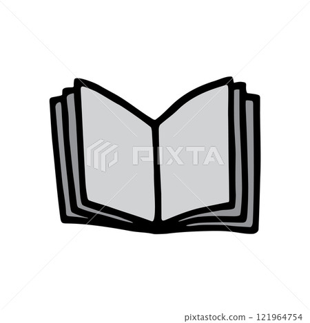 Doodle open book icon hand drawn with black line in freehand style, colored grey Doodle open book icon hand drawn with black line in freehand style, colored grey 121964754