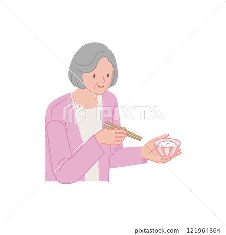 微笑的高級婦女吃東西(米飯和筷子) 微笑的高級婦女吃東西(米飯和筷子) 121964864