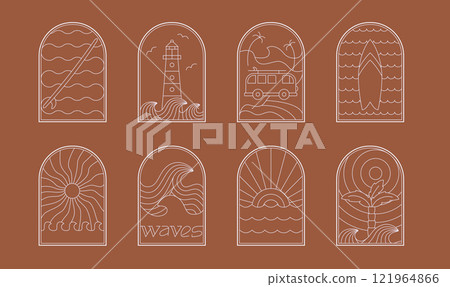 Retro style, bohemian linear surfing, pacific ocean, sea badge, icon, design. Simple geometric surf camp, sticker, t-shirt template, frame. 121964866