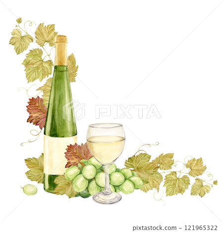 Corner composition watercolor. Branch with white grapes, and next to it a glass of white wine and a bottle of green glass. Illustration of green berries. Clipart for tasting, menu, wine list. 121965322