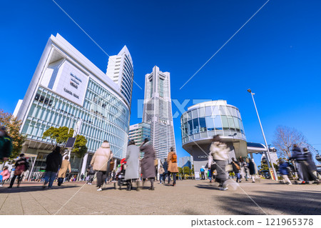 Yokohama cityscape in Japan, overlooking Sakuragicho Station bustling with tourists and Yokohama Landmark Tower, January 13, 2025 121965378
