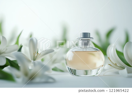 Perfume bottle and white lily flowers. AI-generated item 121965422