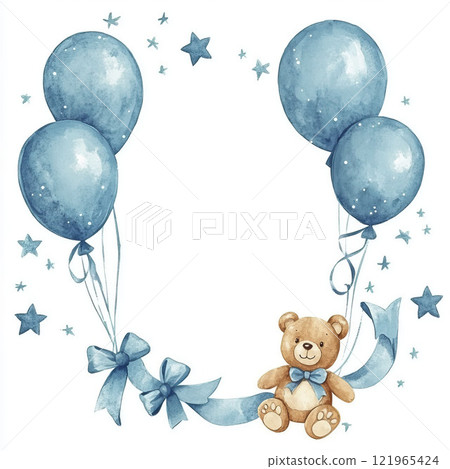 AI-generated item. Watercolor card with bear, blue bow and balloons on white background. 121965424