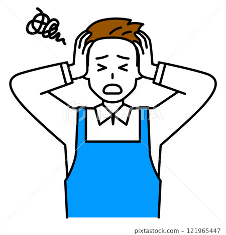 A man in an apron holding his head in worry A man in an apron holding his head in worry 121965447