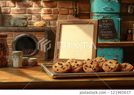 A wooden frame with a white background sits on a table A wooden frame with a white background sits on a table 121965637