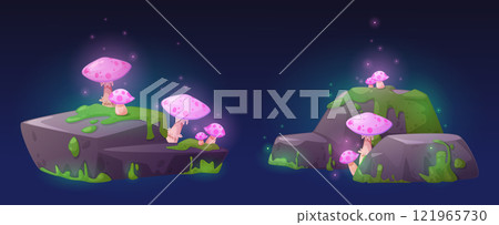 Magic pink glowing mushrooms on mossy swamp stone Magic pink glowing mushrooms on mossy swamp stone 121965730