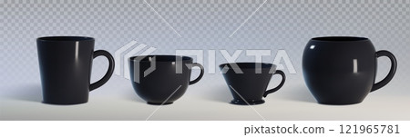 Black mugs set isolated on transparent background Black mugs set isolated on transparent background 121965781