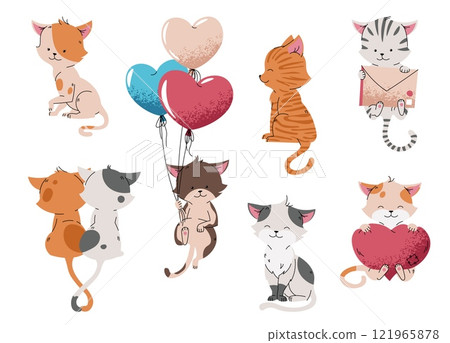 Set of cute cats in flat cartoon style on white background. Pets for stickers, cards, children's illustrations for Valentine's Day. Set of cute cats in flat cartoon style on white background. Pets for stickers, cards, children's illustrations for Valentine's Day. 121965878