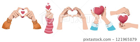 Set of hands for valentine's day in flat cartoon style. Hands showing heart, korean symbol of love. Vector female hands holding a heart 121965879
