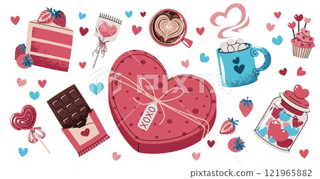 Set of sweets for Valentine's day in flat cartoon style. Cute stickers on isolated background. Chocolate, cupcake, cake, heart-shaped candy box, etc. 121965882