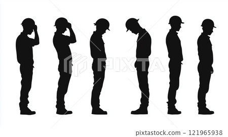 一個戴著頭盔的悔恨工人的剪影插圖圖標 121965938