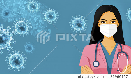 Female doctor wearing surgical mask standing with arms crossed and virus cells in background 121966157