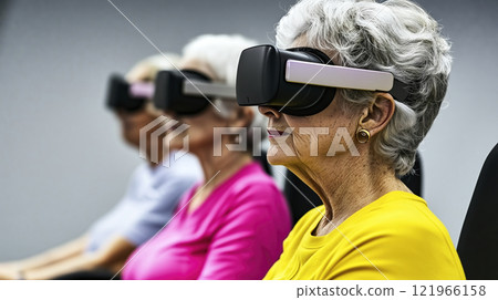 Senior women experiencing virtual reality using vr headsets 121966158