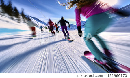 Group of friends snowboarding down the mountain Group of friends snowboarding down the mountain 121966170