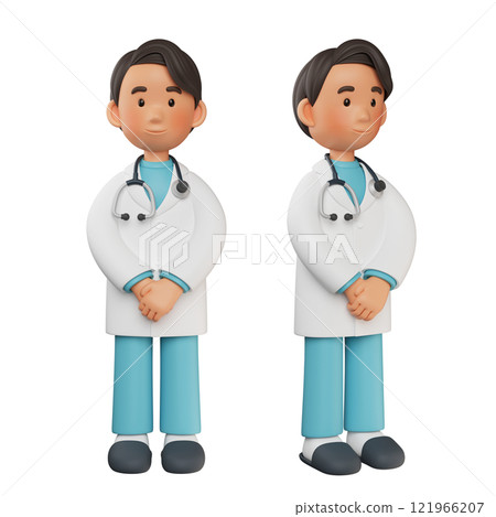 male doctor standing with hands holding 3D character 121966207