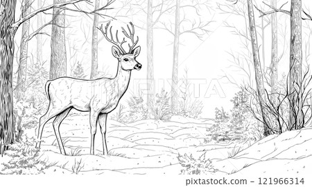 Deer standing in snowy forest looking into distance 121966314