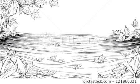 Autumn leaves falling on flowing water surface with copy space 121966321