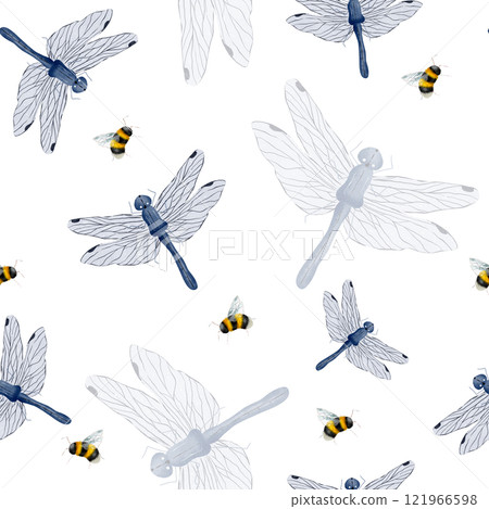 Blue dragonflies and bees. Seamless pattern on white background creating a stylish natural composition, done in a watercolour minimalist. Hand drawn. for textiles, packaging, wallpaper, scrapbooking. Blue dragonflies and bees. Seamless pattern on white background creating a stylish natural composition, done in a watercolour minimalist. Hand drawn. for textiles, packaging, wallpaper, scrapbooking. 121966598