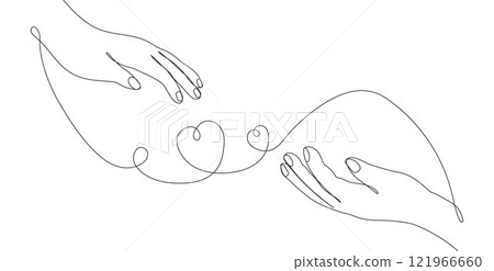 Two hands holding a heart in a continuous line art style. Hands of lovers reaching out to each other, 121966660