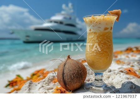 A perfect pina colada cocktail with a coconut next to it against the backdrop of a perfect beach. A blurry white yacht floats in the background 121967037