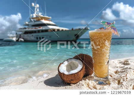 A refreshing coconut drink garnished with a vibrant umbrella stands on a sandy beach, with a half coconut nearby, overlooking a luxurious yacht anchored in the serene blue waters under a clear sky. 121967039