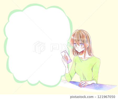 看著智慧型手機語音氣泡的女人 看著智慧型手機語音氣泡的女人 121967050