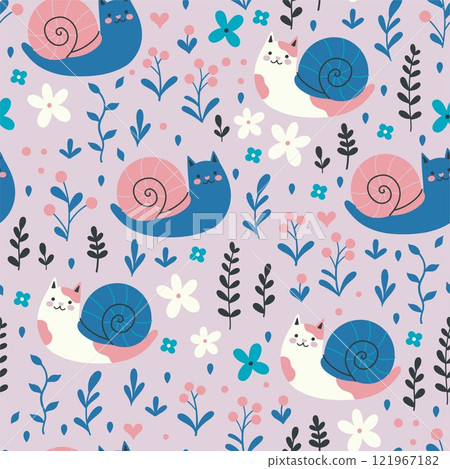 Seamless pattern with cute cats snails. Vector graphics 121967182