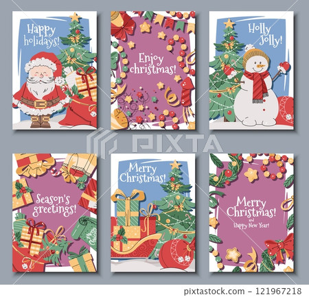 Set of Christmas greeting cards with Santa Claus, snowman, gifts, a wreath, gift box, a garland, and confetti on a pink background in a flat cartoon style. Vector illustration for poster, banner Set of Christmas greeting cards with Santa Claus, snowman, gifts, a wreath, gift box, a garland, and confetti on a pink background in a flat cartoon style. Vector illustration for poster, banner 121967218