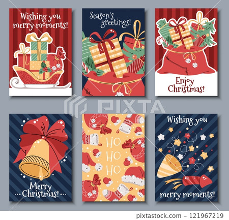 Set of Greeting cards with Santa Claus's sack and sleigh filled with gifts for children in a flat cartoon style. Vector illustration for poster, banner, invitation, etc. Christmas Bell, fireworks, a Set of Greeting cards with Santa Claus's sack and sleigh filled with gifts for children in a flat cartoon style. Vector illustration for poster, banner, invitation, etc. Christmas Bell, fireworks, a 121967219