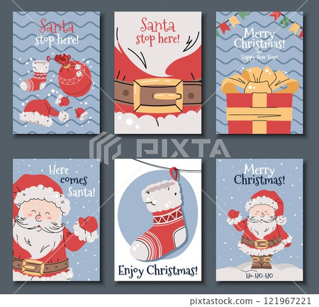 Set of Christmas cards with cheerful Santa Claus in red suit waving hand on snowy blue background in flat cartoon style. Vector illustration for poster, banner, invitation, etc 121967221