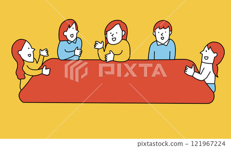 Illustration of women having a conversation around a large table Illustration of women having a conversation around a large table 121967224